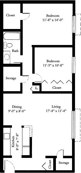 A floor plan of the one bedroom apartment.